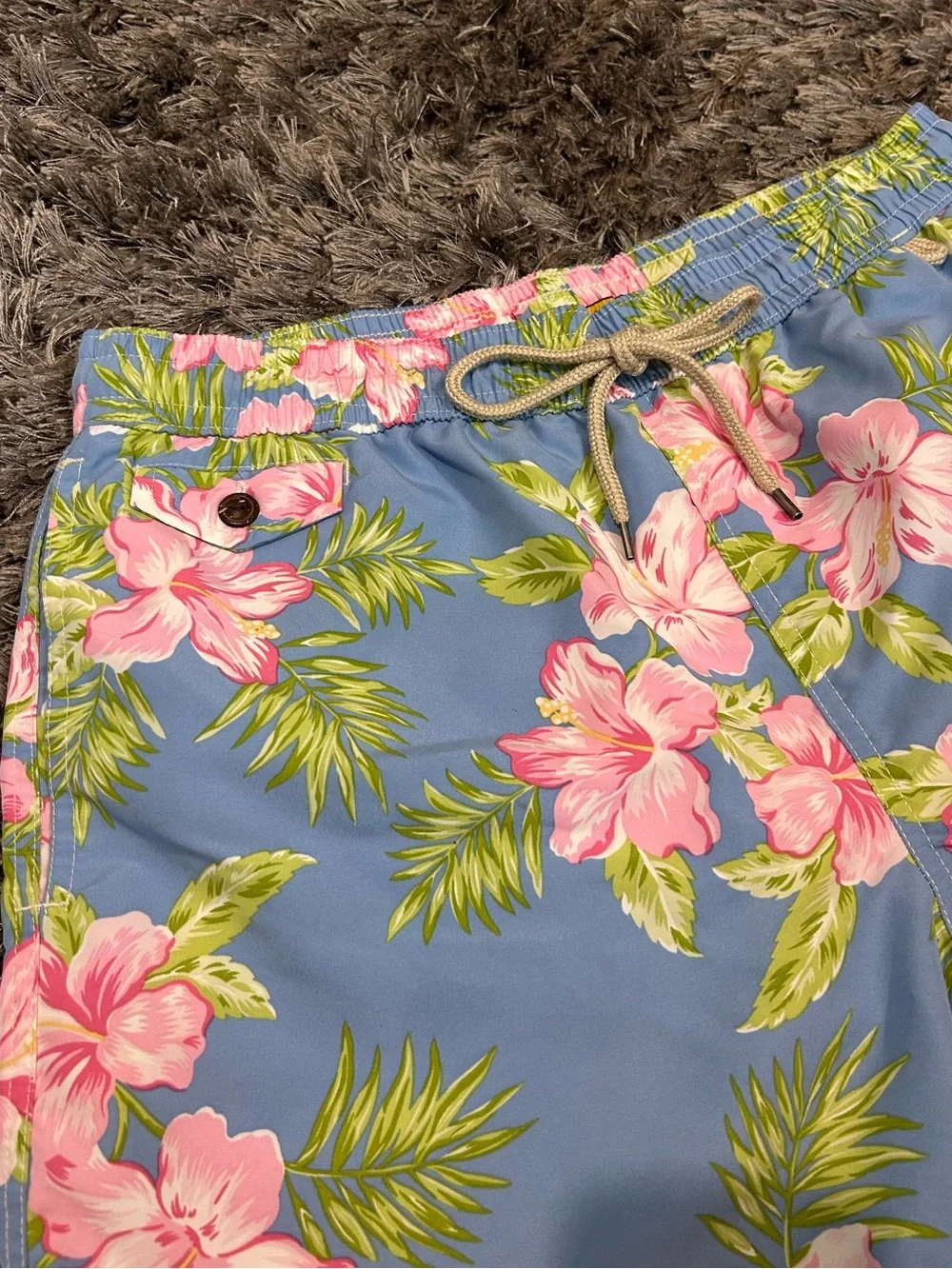 Polo Ralph Lauren Men's Blue Tropical Floral Swim Trunks with Pink Hibiscus L